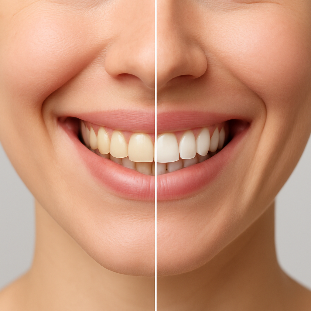 Comparativa dental antes y después de un blanqueamiento con dientes visiblemente más blancos