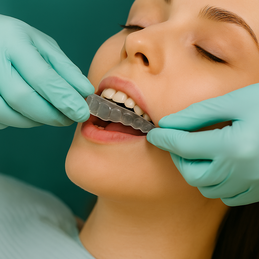 Paciente con férula de descarga para tratar bruxismo en clínica dental de Madrid