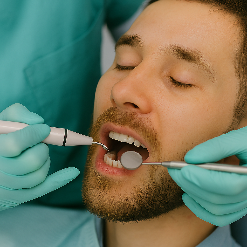 Paciente masculino recibiendo limpieza dental profesional en clínica dental en Madrid