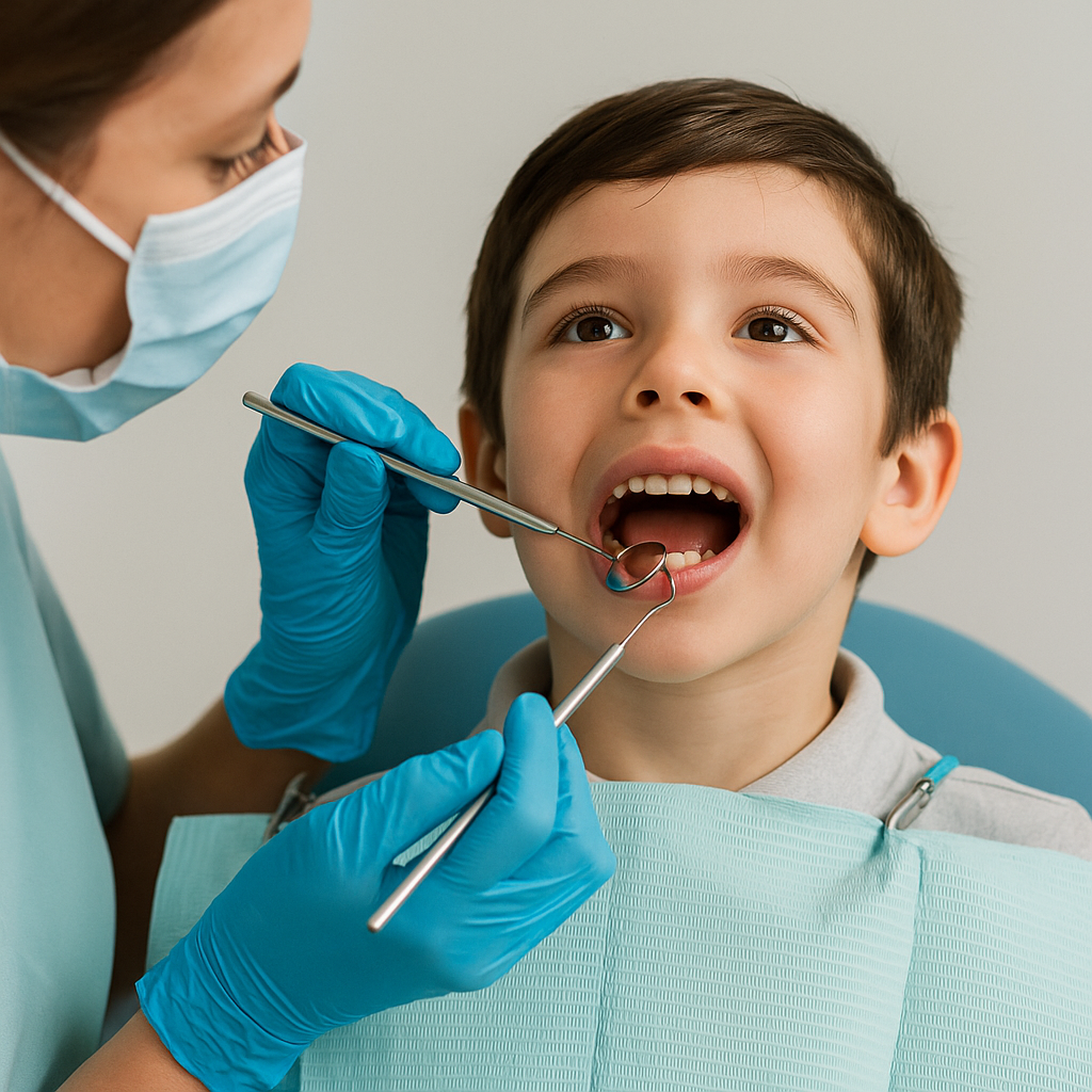 Niño pequeño recibiendo revisión dental en clínica especializada en odontopediatría en Madrid
